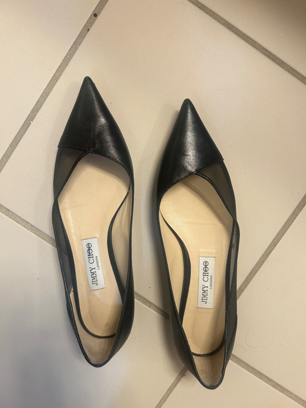 Jimmy Choo Black Pointed-Toe Mesh & Leather Flats - Women's 39.5